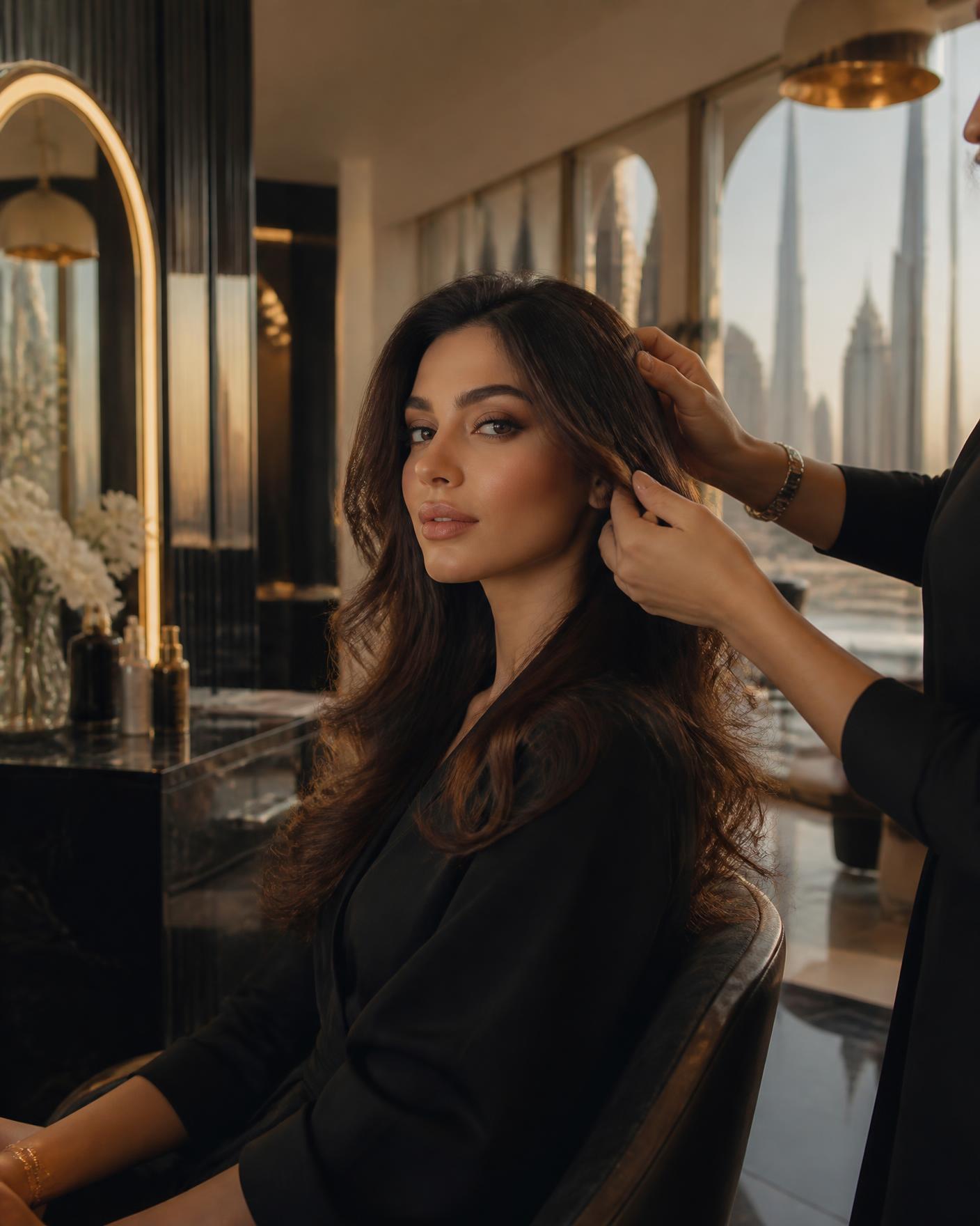 Stylist finishing a blow-dry in a luxury Dubai salon